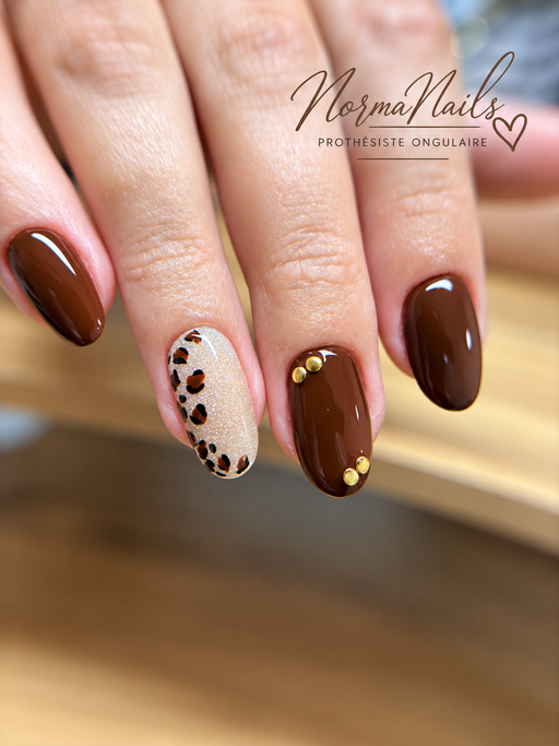 Ongles ovales de longueur moyenne, chocolat brillant, un ongle beige à motif léopard et un ongle orné de deux clous dorés.