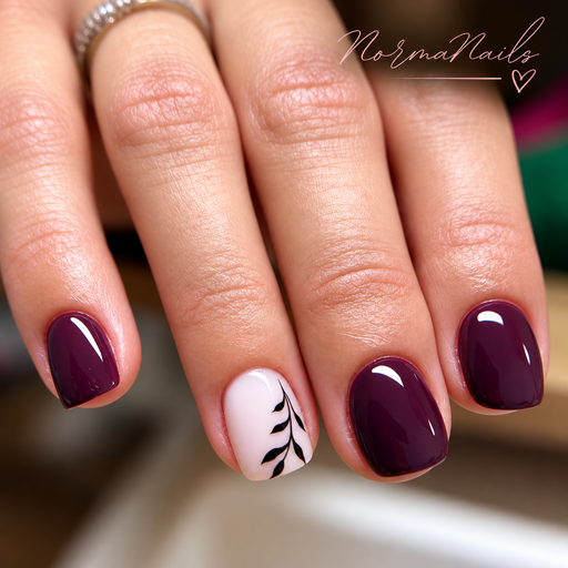 Ongles carrés courts, prune brillant, un ongle rose pâle orné d’une fine branche de feuillage noir.