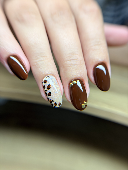 Ongles ovales de longueur moyenne, chocolat brillant, un ongle beige à motif léopard et un ongle orné de deux clous dorés.