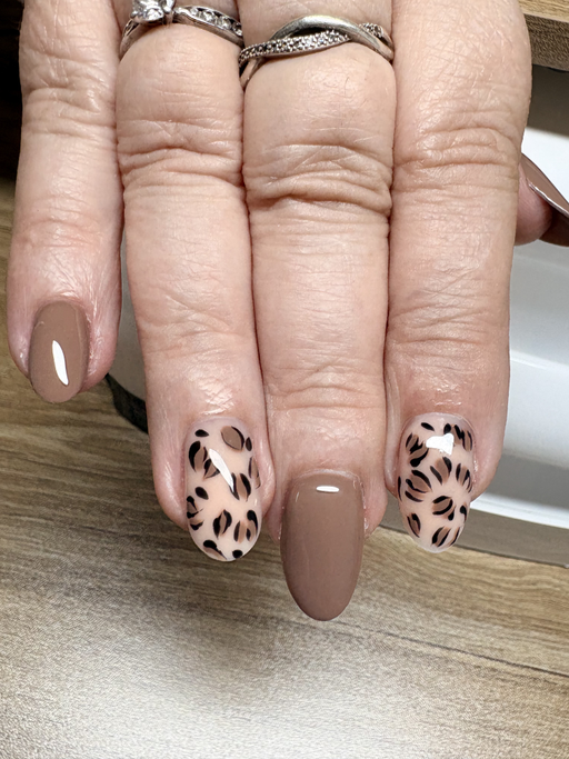 Ongles amande de longueur moyenne, taupe brillant, deux ongles nude transparents à motif léopard noir et brun.