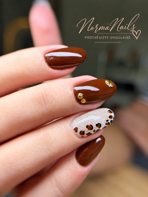 Ongles amande de longueur moyenne, chocolat brillant, un ongle beige à motif léopard et un ongle orné de deux clous dorés.